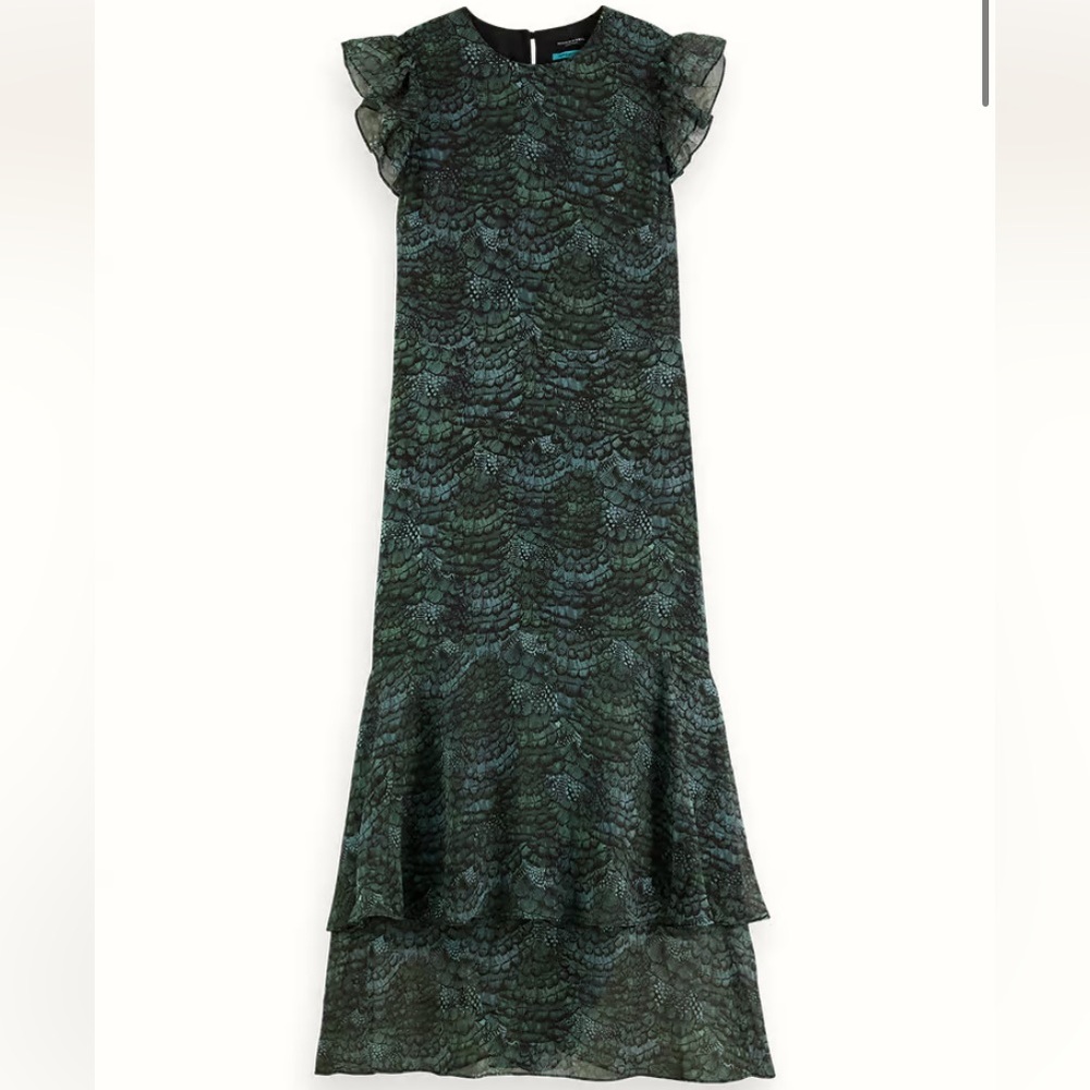 SCOTCH AND SODA NWT midi flounce dress teal green feather print maxi size 34 XS